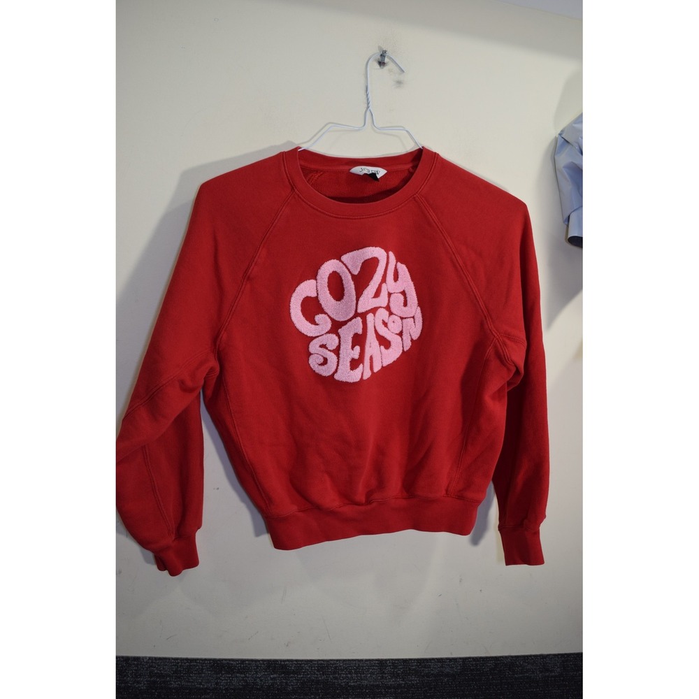 J. Crew Cozy Season Chenille Graphic Sweatshirt Red Raglan Sleeve WOMENS XS